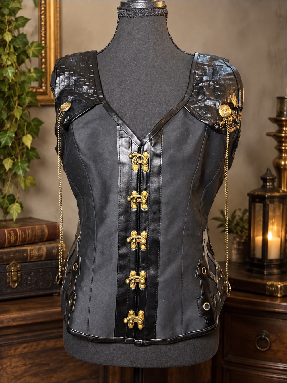 2XL Steampunk Gothic Corset Vest Victorian Gold Chain Ren Faire Lace Up
